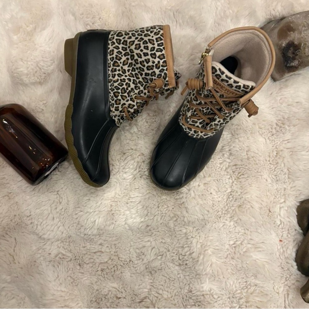 Sperry Black and Leopard Print Winter Boots
